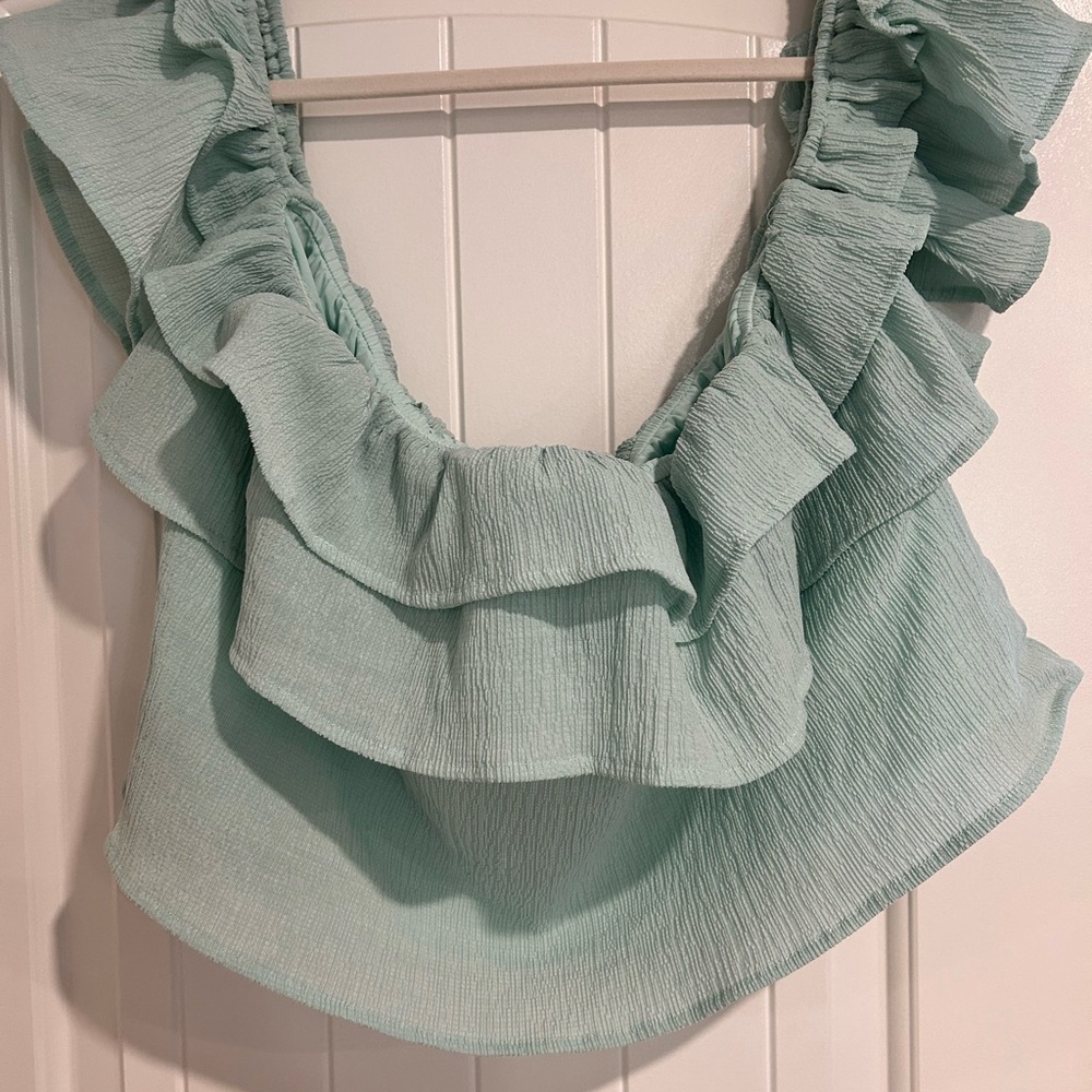 Pink Lily Green Ruffled Crop Blouse with Bib Collar